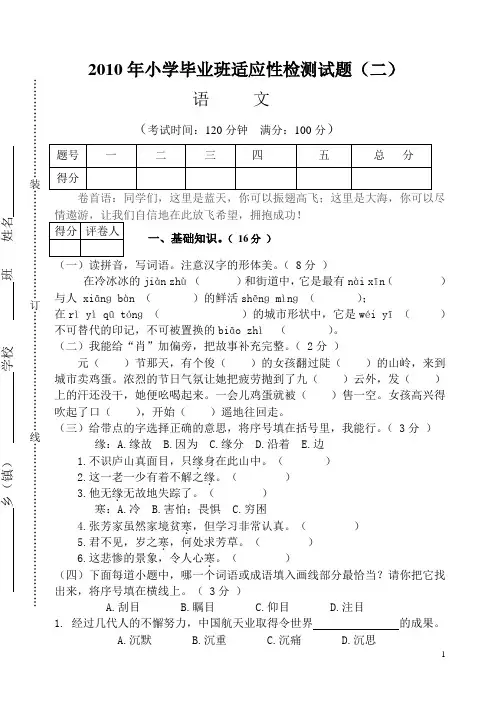 (新)2010年小学语文毕业班适应性检测试题2