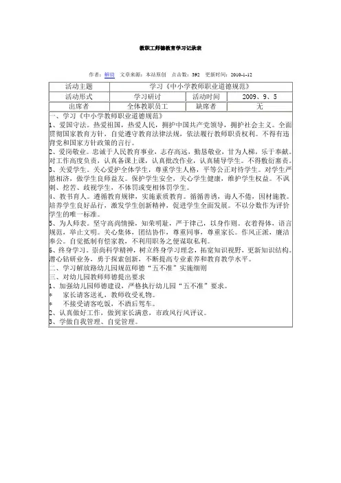 教职工师德教育学习记录表