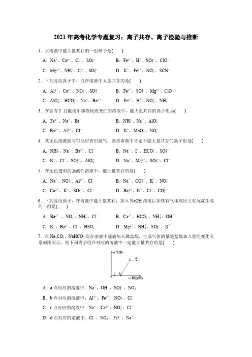 2021年高考化学专题复习：离子共存、离子检验与推断