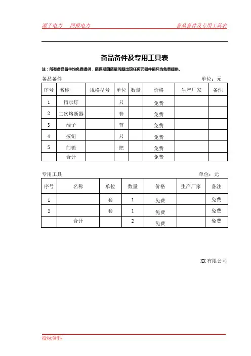 备品备件及专用工具