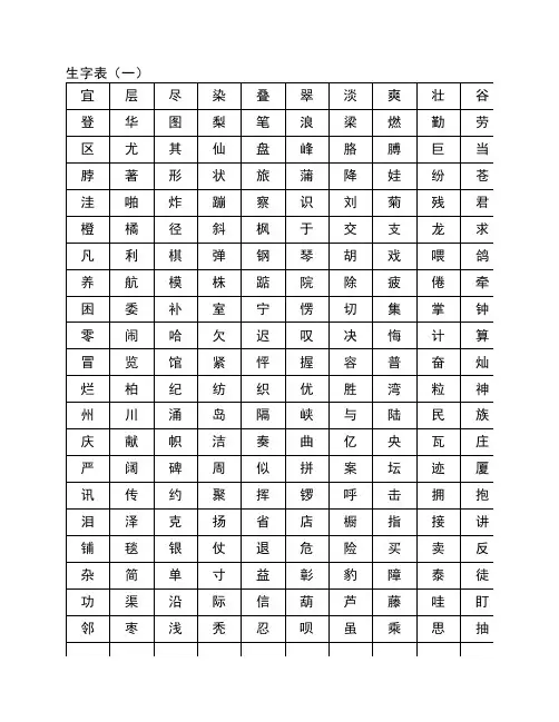人教版二年级上册语文生字表