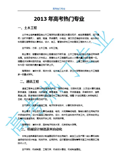 2013年高考热门专业
