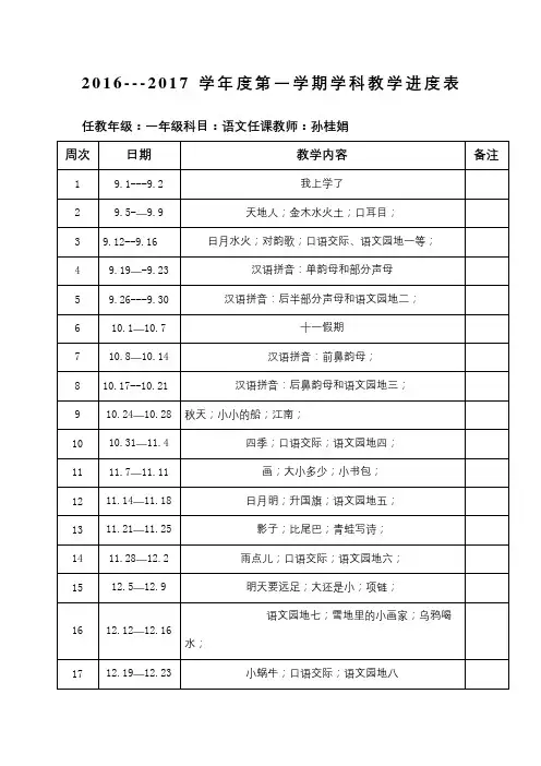 最新版一年级语文上册教学进度表