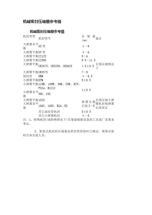 机械密封压缩量参考值