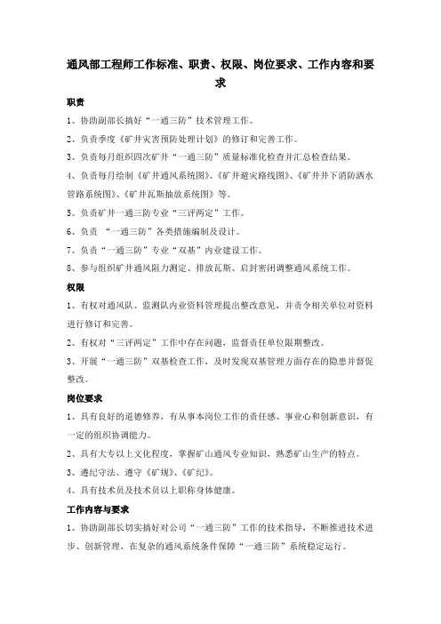 通风部工程师工作标准、职责、权限、岗位要求、工作内容和要求