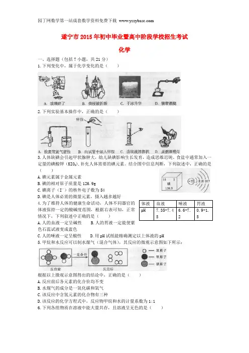 四川省遂宁市2015年中考化学真题试题(含答案)