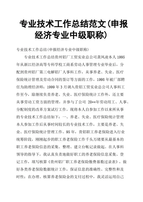 专业技术工作总结范文申报经济专业中级职称