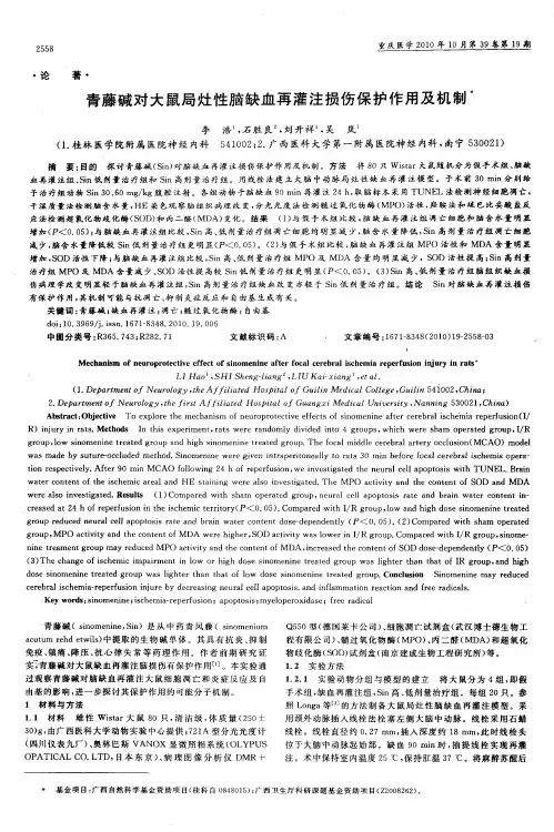 青藤碱对大鼠局灶性脑缺血再灌注损伤保护作用及机制