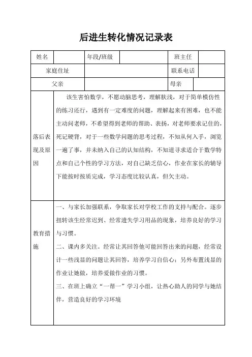 后进生转化情况记录表
