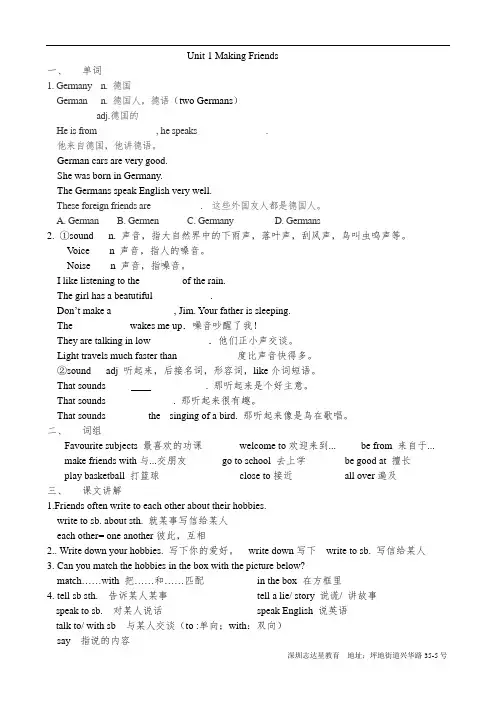 2012新深圳牛津版七年级英语上Unit 1 Making Friends课文知识点解析