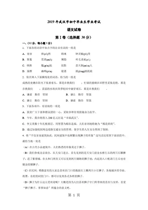 2019年武汉市中考语文试题答案及解析版9页word