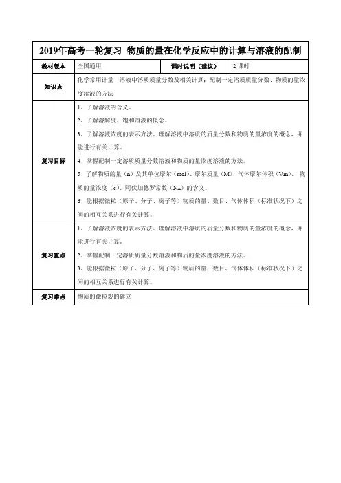 【2019年高考一轮复习】化学 全国通用版 物质的量在化学反应中的计算与溶液的配制教案