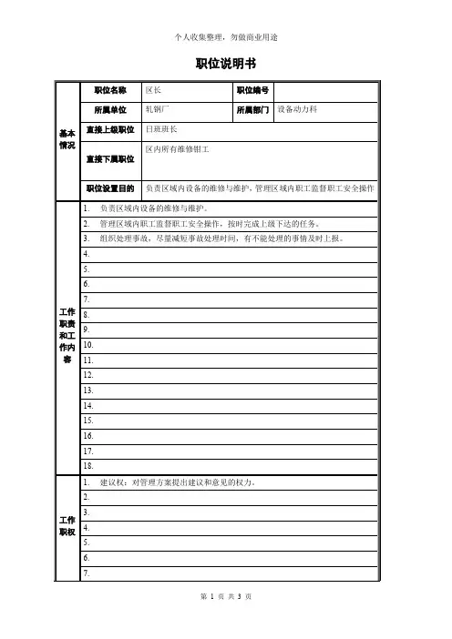 某轧钢厂设备科职位说明书汇总(14个)1