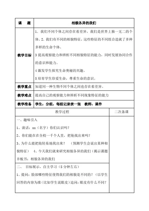 六年级科学上册《相貌各异的我们》教学设计