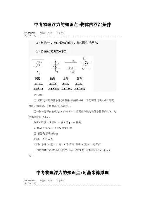 中考物理浮力的知识点物体的浮沉条件