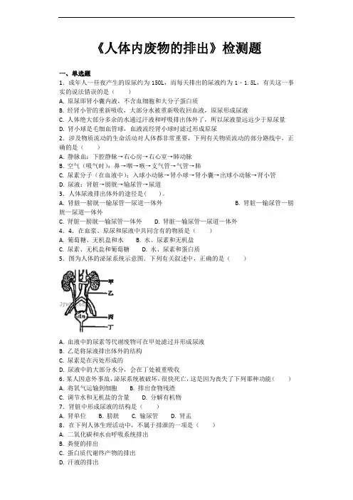 人教版初中生物七年级下册第四单元第五章《人体内废物的排出》单元检测题(含答案)
