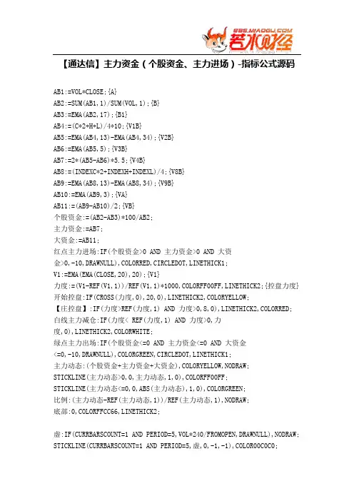 【股票指标公式下载】-【通达信】主力资金(个股资金、主力进场)