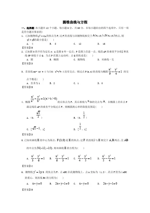 2018届高三数学一轮复习模拟试题精选：圆锥曲线与方程 含答案