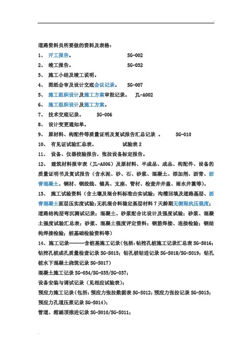 道路资料员所要做的资料及表格