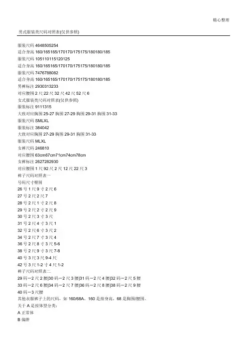 服装类尺码对照表01