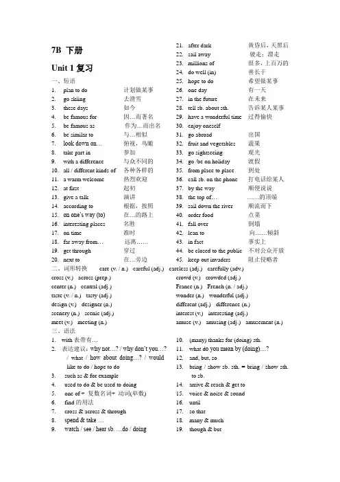 广州上海牛津版英语七年级下册U1--U7-总复习提纲
