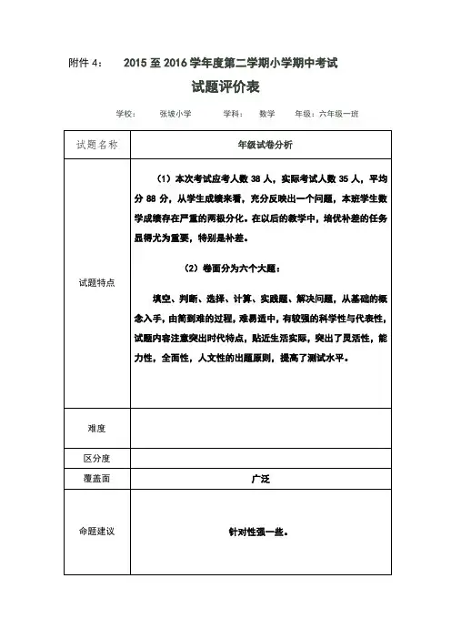 青岛 六年级数学下册 期中考试试卷分析
