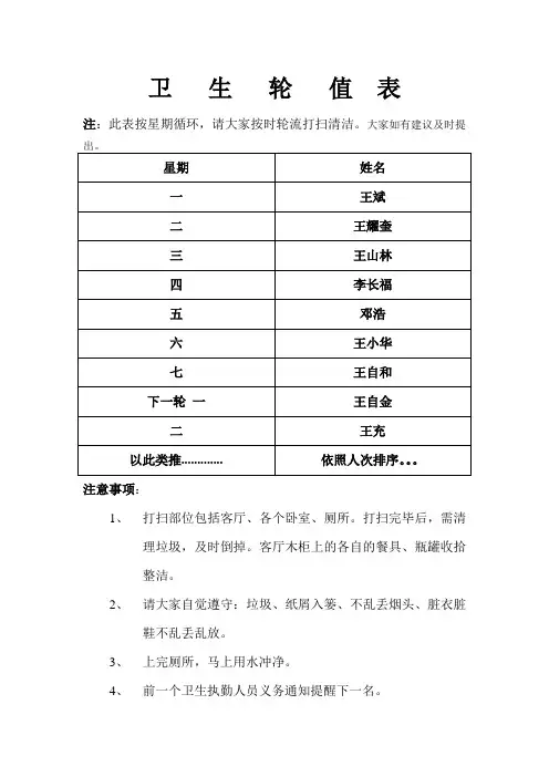 卫 生 轮 值 表