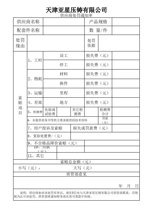 供应商处罚通知单