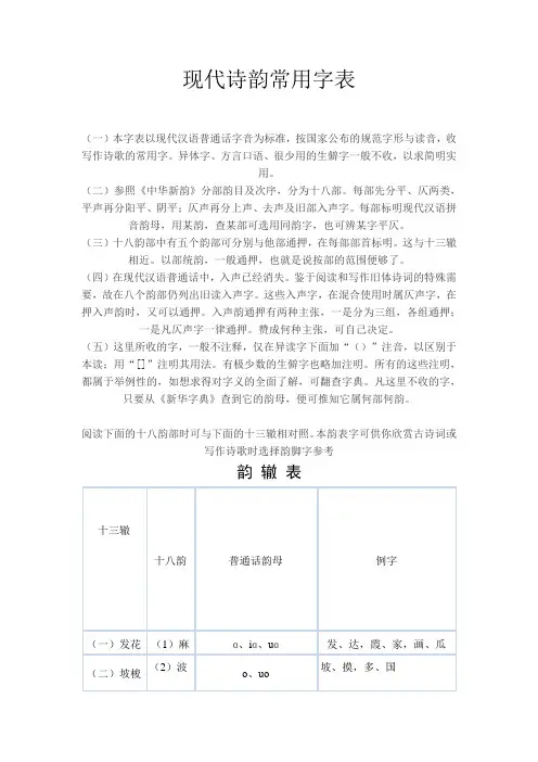 现代诗韵常用字表