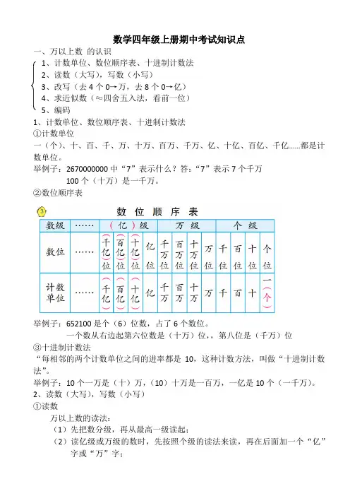 数学四年级上册期中考试知识点