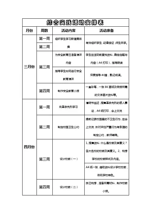 综合实践活动安排表