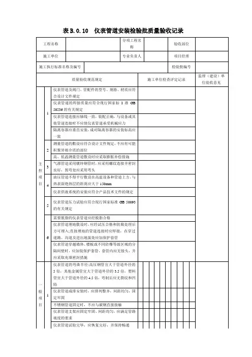 表B.0.10  仪表管道安装检验批质量验收记录(2019版)