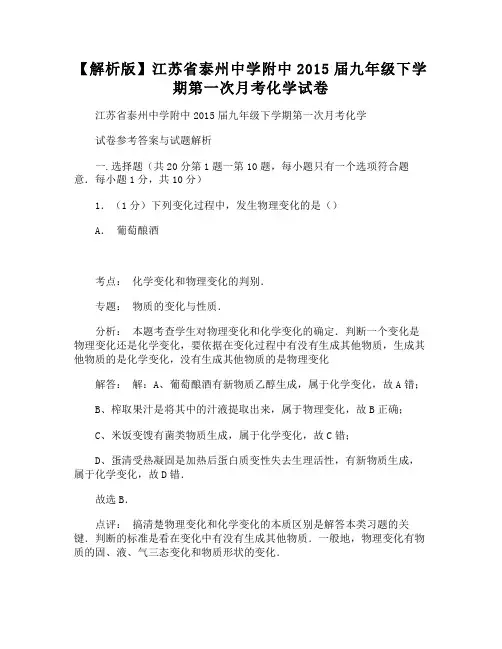 泰州中学附中九年级下学期第一次月考化学试卷