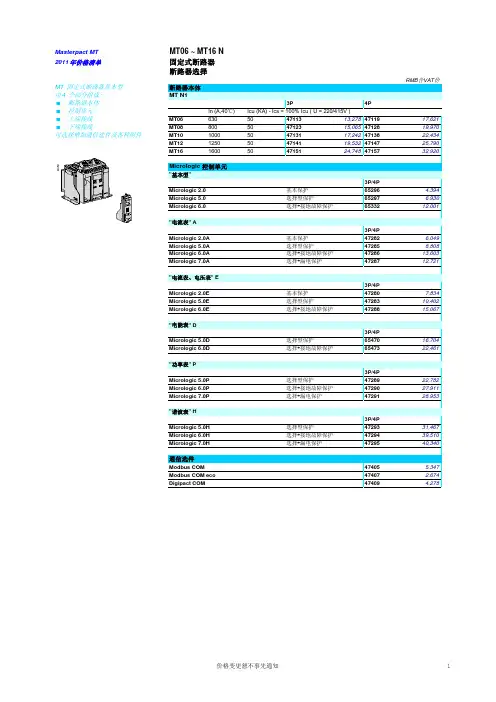 施耐德2012框架开关最新价格表(3月份涨价后)