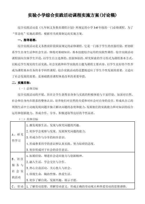A01实验小学综合实践活动课程实施方案