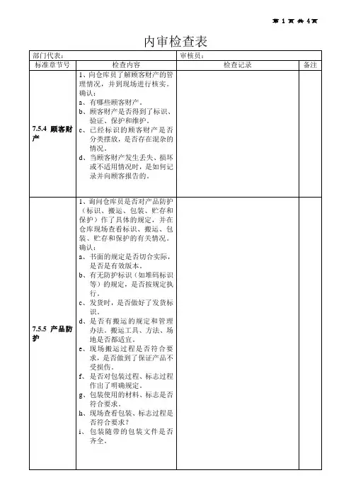 仓库内审检查表