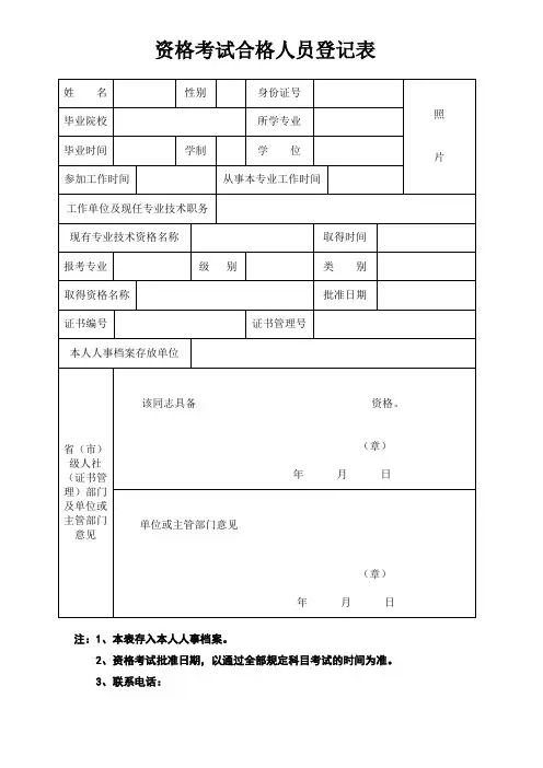 资格考试合格人员登记表