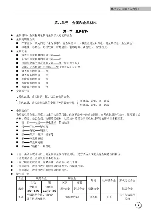 人教版九年级化学复习提纲下册