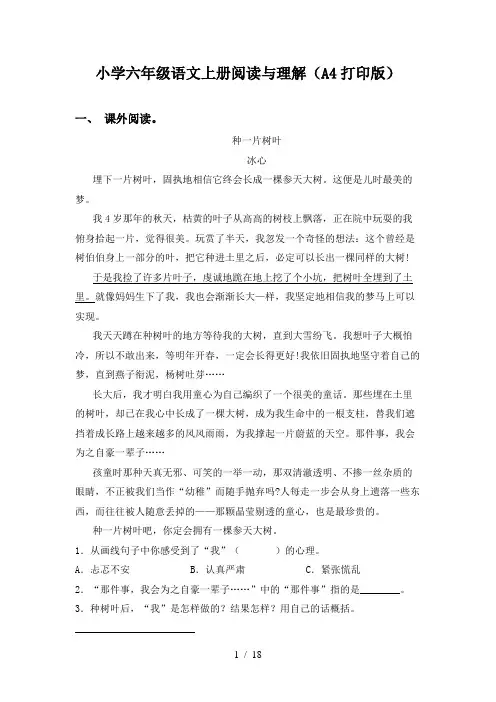 小学六年级语文上册阅读与理解(A4打印版)