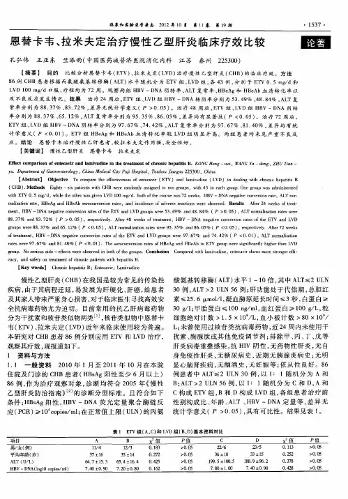 恩替卡韦、拉米夫定治疗慢性乙型肝炎临床疗效比较
