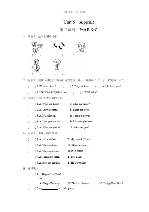 牛津苏教版-英语-二年级上册-2A Unit 6  A picnic课时练习(第二课时)(含答案)