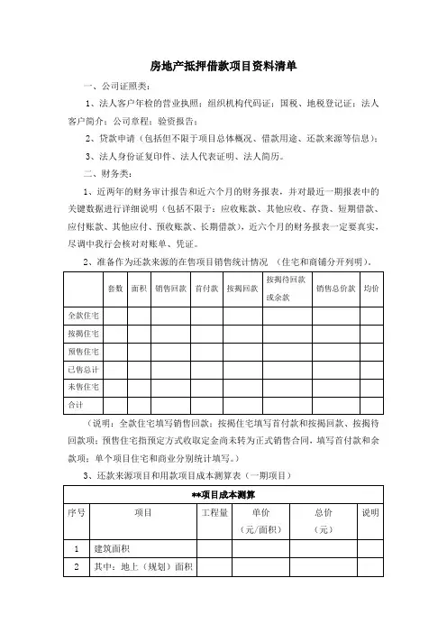 房地产抵押借款项目资料清单