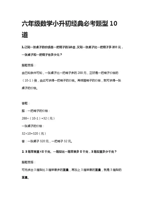 (全)六年级数学小升初经典必考题型10道