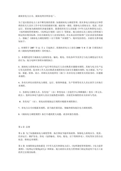 湖南省电力公司调度规程