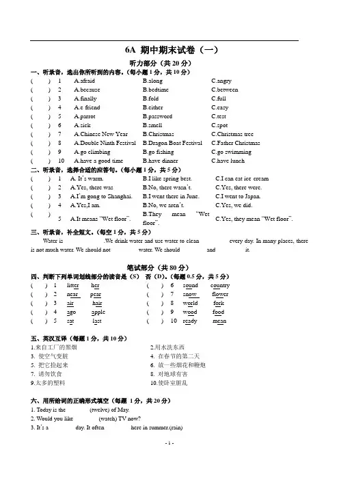 译林6A 期末试卷