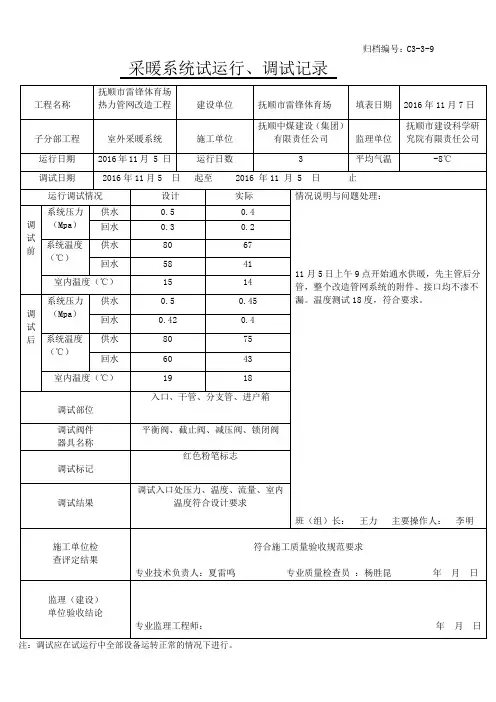 采暖系统试运行、调试记录