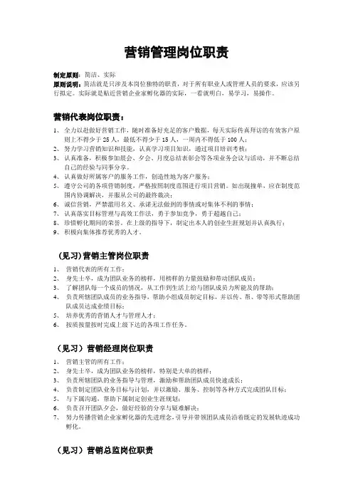 各级营销管理人员岗位职责