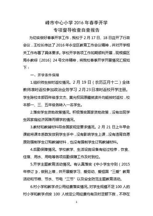 2016年春季开学专项督导检查自查报告