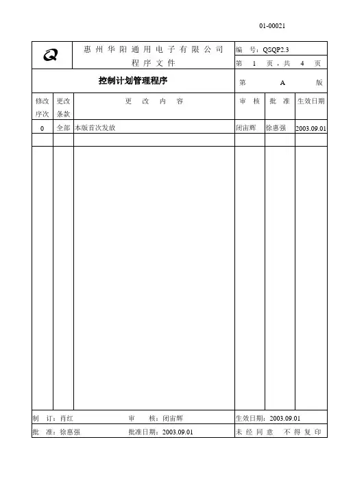QSQP2.3控制计划管理程序(CP)