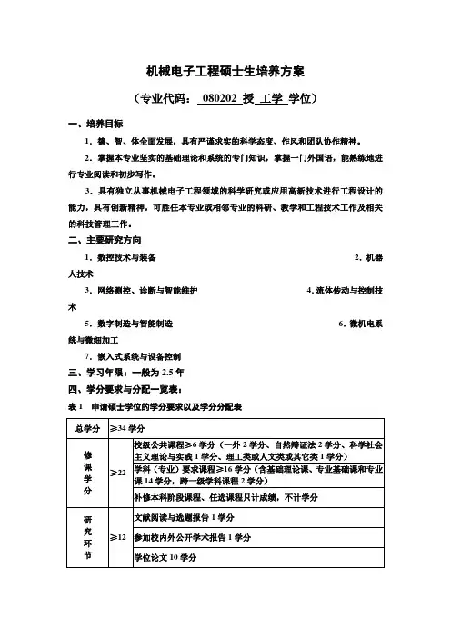 机械电子专业培养方案